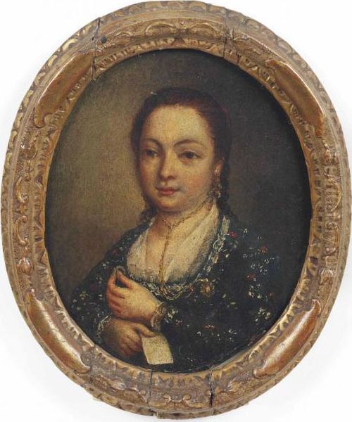 Portrait Of A Lady, Half-length,
 In A Blue Embroidered Dress, Holding A Ring In Her Left Hand And A 
Letter In Her Right Oil Painting by Pietro Longhi
