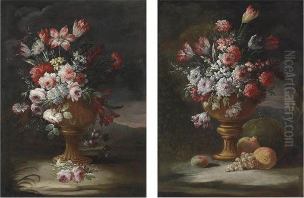 Peonies, Tulips And Other 
Flowers In An Urn With Grapes, Pomegranates And Other Fruit In A Wooded 
Landscape; And Roses, Peonies, Tulips And Other Flowers In An Urn In A 
Wooded Landscape Oil Painting by Gasparo Lopez