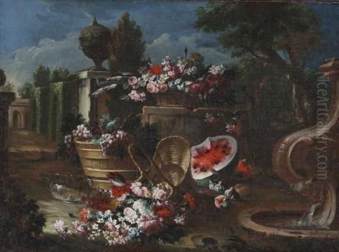 Ceste Con Fiori, Un Tino Con 
L'uva, Fichi E Anguria Presso Una Fontana In Un Giardino Con Un Vaso Di 
Terracotta Su Una Balaustra Oil Painting by Gasparo Lopez