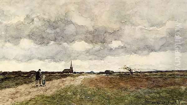 Figures On A Country Road, A Church In The Distance Oil Painting by Jan Hendrik Weissenbruch