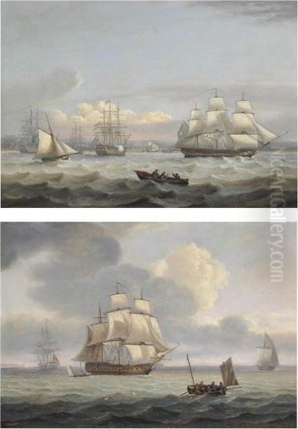 A Squadron Of The Blue Lying Off
 Portsmouth With A Flagship Signalling To A Passing Royal Navy 
Two-decker Oil Painting by Thomas Luny