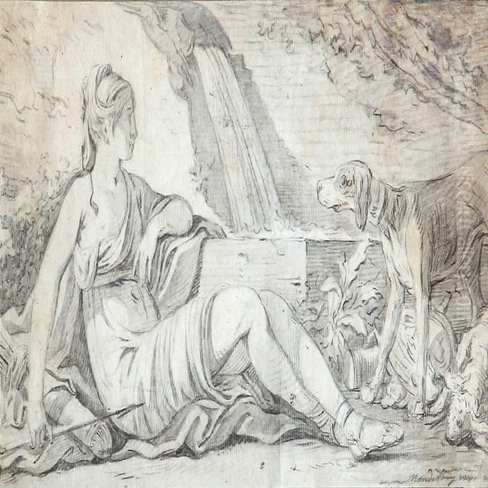 A Pair Of Allegories In The 
Shape Of A Sitting Woman With A Dog And Spear And A Sitting Woman 
Surrounded By Fruit Oil Painting by Johan Edvard Mandelberg