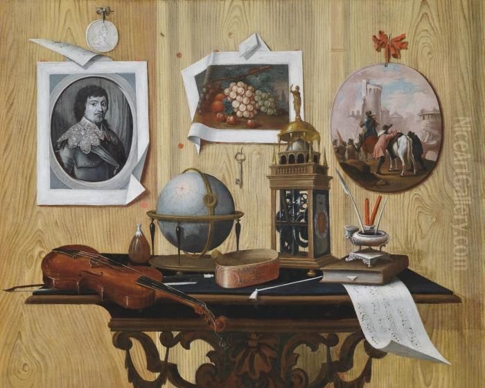 A Trompe L'oeil Of A Print And 
Two Paintings, A Key, A Violin, A Globe, A Clock, A Sheet Of Music And 
Other Objects On A Table Oil Painting by Antonio Mara Lo Scarpetta
