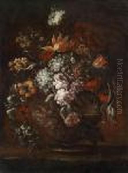 A Large Bouquet Of Flowers In A Globular Glass Vase Oil Painting by Elisabetta Marchioni