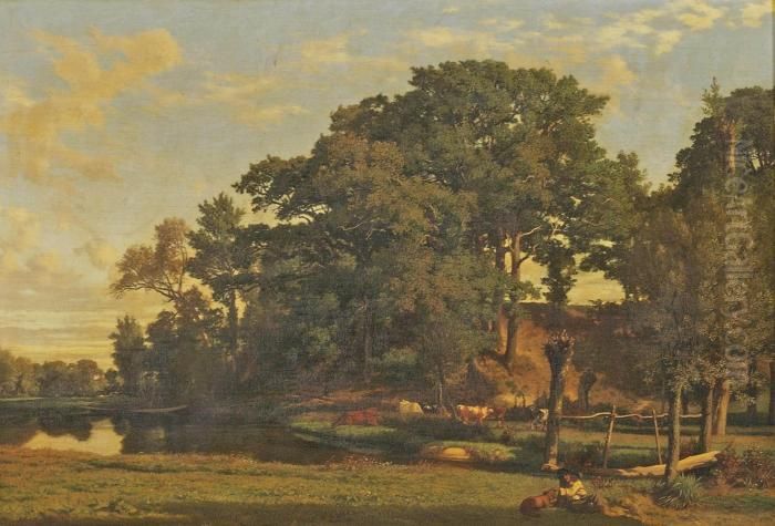 A Drover And Cattle In A River Landscape, A Man And His Dog Oil Painting by Prosper-Georges-Antoine Marilhat