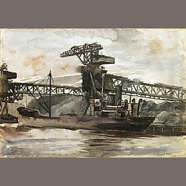 Freighter Beneath An Iron Bridge Oil Painting by Reginald Marsh