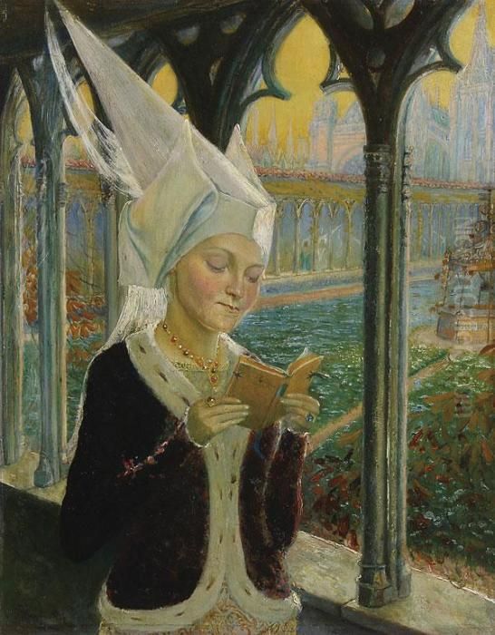 Portrait Of Isabeau Of Baviere Reading A Book Of Hours Oil Painting by Edgard Maxence