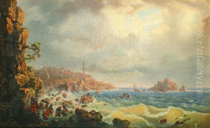 Skeppsbrott Vid Gyllene Hornet, Konstantinopel Oil Painting by Auguste Etienne Francois Mayer