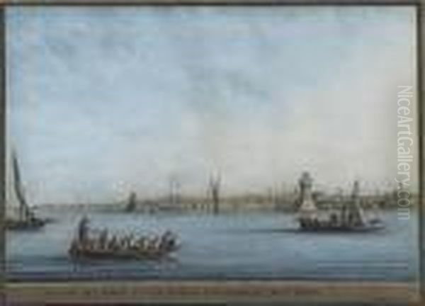 Views Of Rhodes: A Sunset View 
Of The Harbour Of Rhodes, Where The Colossus Is Believed To Have Stood; 
And View Of The Port And City Of Rhodes Oil Painting by Luigi Mayer