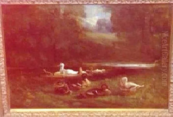 Ducks On The Lakeside Oil Painting by Chris Meadows