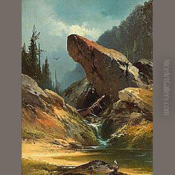 A Rocky Pinnacle Above A Stream Oil Painting by Andrew Melrose