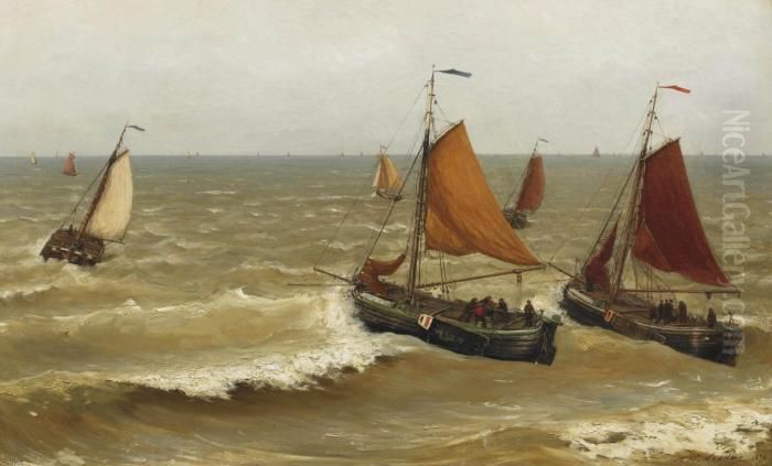 Bomschuiten In The Surf Near The Coast Of Scheveningen Oil Painting by Hendrik Willem Mesdag