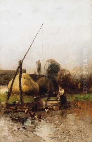 Girl At The Shadoof Oil Painting by Geza Meszoly