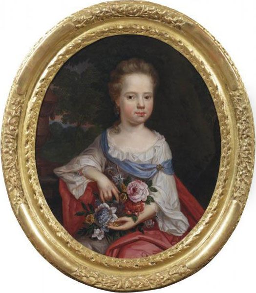 Portrait Of A Girl, 
Three-quarter Length, In A Park Landscape, Holding A Bouquet Of Flowers Oil Painting by Pierre Ii Mignard