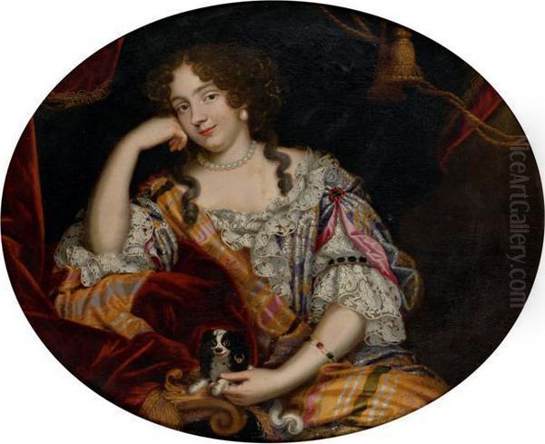 Portrait De Jeune Femme Avec Son Chien Oil Painting by Pierre Mignard