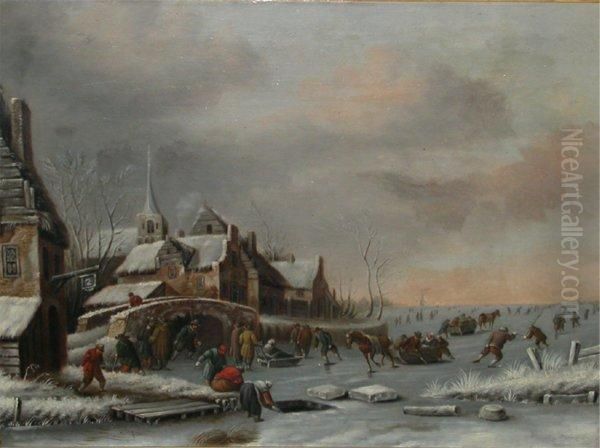 Hollandische Winterlandschaft 
Mit Eingefrorenem Stadtbild Und Reicher Figurenstaffage Beim Eislauf Oil Painting by Jan Miense Molenaer