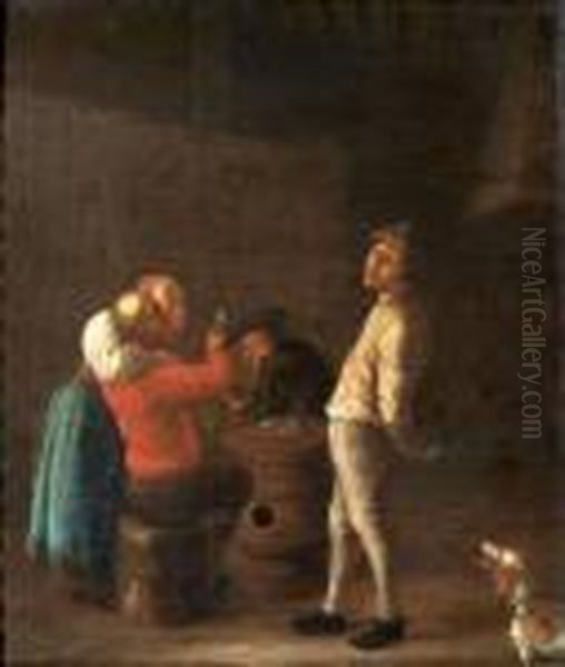 Joueurs De Cartes Dans Une Taverne 
 Panneau De Chene, Deux Planches, Non Parquete Oil Painting by Jan Miense Molenaer