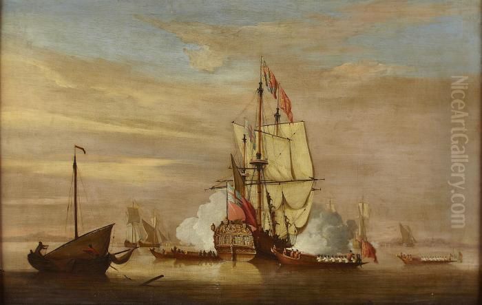 The Landfall Of The Royal Caroline, Firing A Salute Oil Painting by Peter Monamy