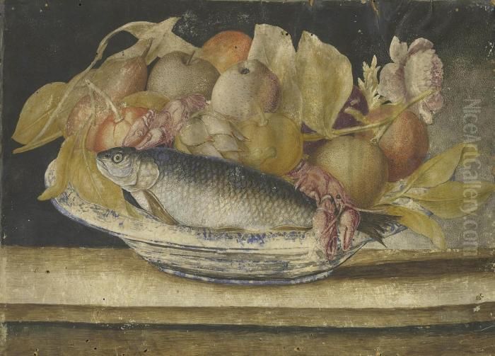 Still Life With A Fish, Lobster And Fruit In A Serving Dish Oil Painting by Octavianus Montfort