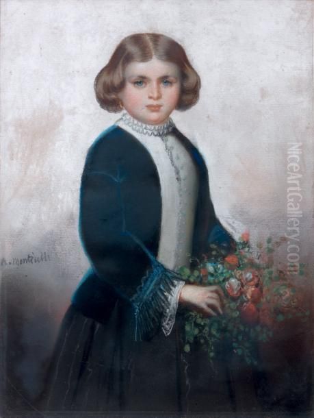 Portrait De Jeune Fille Au Bouquet De Fleurs Oil Painting by Adolphe Joseph Thomas Monticelli