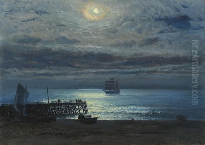 Ship On A Moonlit Sea - Yarmouth Jetty Oil Painting by Henry Moore
