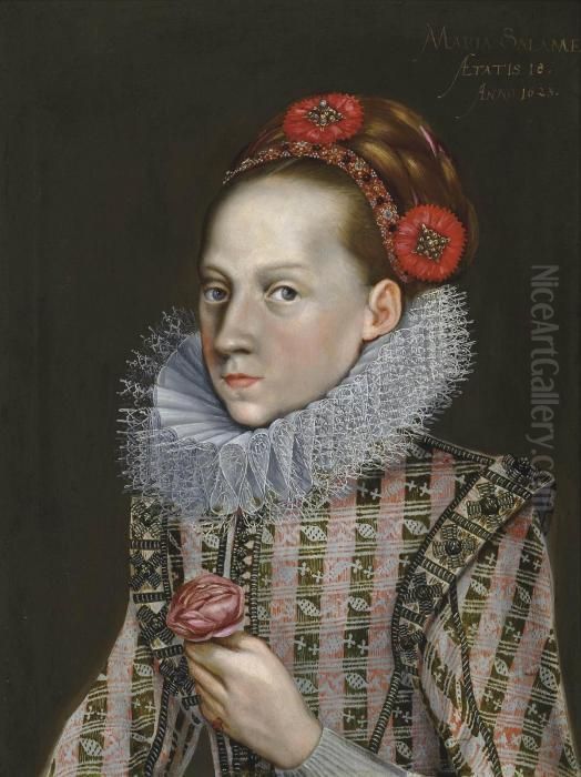 Portrait Of A Girl, Half-length,
 In A Richly Embroidered Red Dress And A Ruff, With A Decorated 
Headband, Holding A Rose Oil Painting by Giacomo Antonio Moro