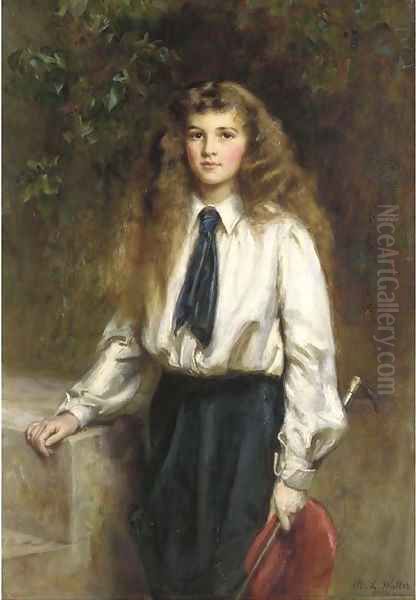 Portrait of Molly, daughter of the late Sir Arthur Pease, Bt., in a riding habit, holding a riding crop Oil Painting by Mary Lemon Waller