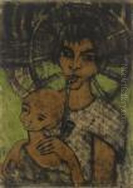 Zigeunermadonna (zigeunerin Mit Kind Vorm Wagenrad) Oil Painting by Otto Mueller