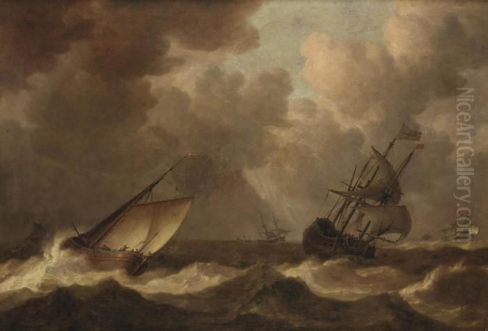 An English Man-of-war Before The Wind And A Close Hauled 'hoeker', As A Storm Approaches Oil Painting by Pieter the Younger Mulier