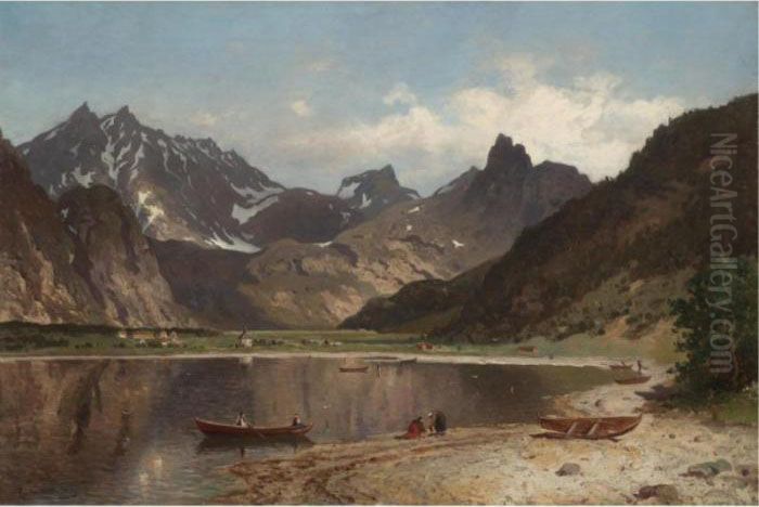 Ved Et Fjellvann (beside The Mountain Lake) Oil Painting by Morten Muller
