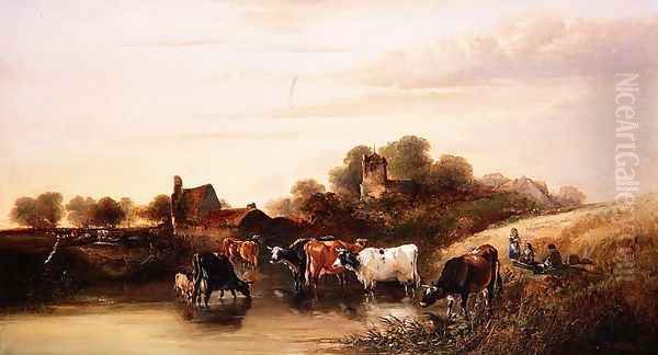 The Watering Place, scene in Devonshire, 1873 Oil Painting by Edward Charles Williams