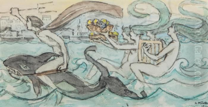 Neptun Ridende Pa Delfin Med Nereider Oil Painting by Gerhard Munthe