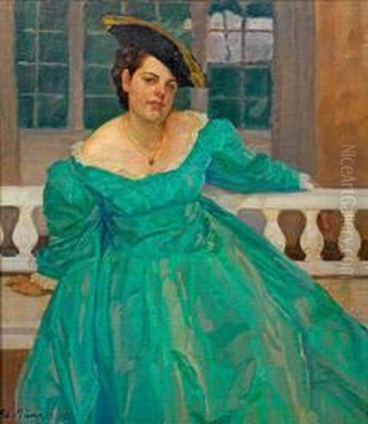 Junge Dame In Grunemkleid Oil Painting by Adolf Munzer