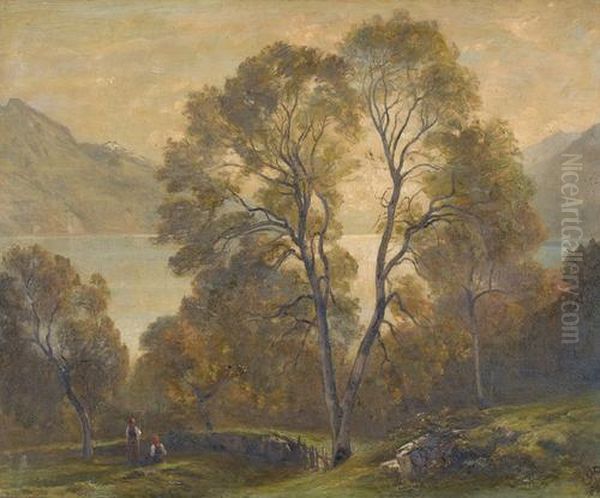 Romantische Seelandschaft In Gebirge. Oil Painting by Adolf Munzer