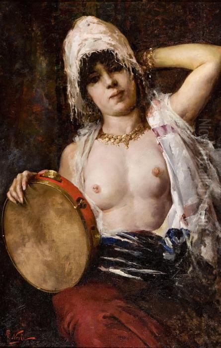 Woman With Tambourine Oil Painting by Girolamo Pieri B. Nerli