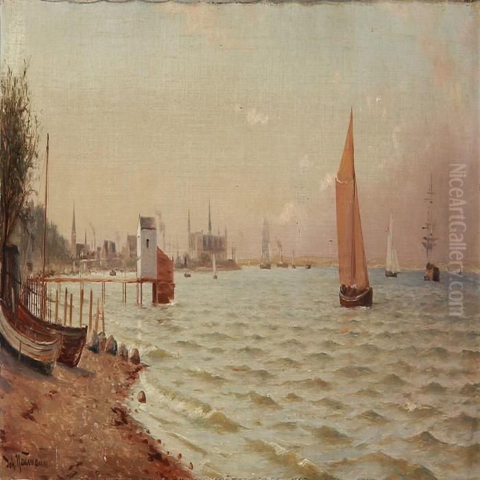 From The Coastline Of Helsingor With Kronborg Castle In The Background Oil Painting by Johann Neumann