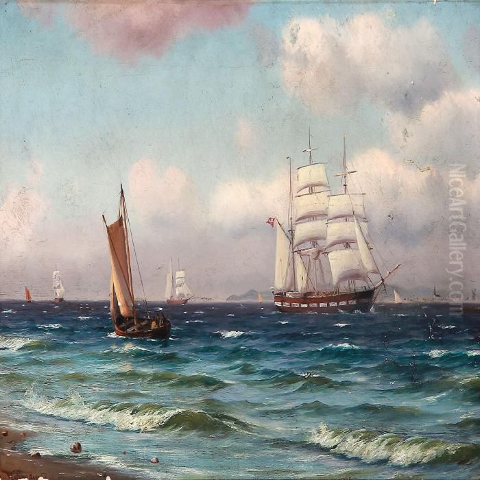 Coastal Scene With Sailing Ships At Sea Oil Painting by Johann Neumann