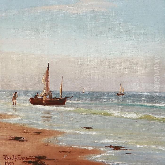 Beach Scene With Fishermen On Their Way Out To Sea Oil Painting by Johann Neumann