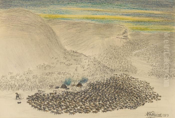 Rendrivning Pa Fjallet Om Vintern Oil Painting by Nils Nilsson Skum