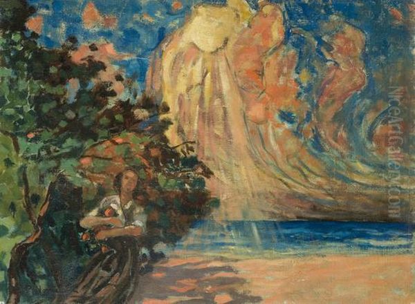 Giovane Donna Sotto Un Albero Presso La Riva Del Mare Oil Painting by Plinio Nomellini