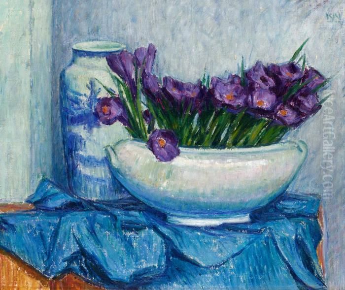 Violett Krokus I Vit Skal Oil Painting by Karl Nordstrom