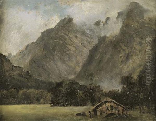 Gebirgstal Mit Hutte Und Staffagefigur. Oil Painting by Adolf Obermullner