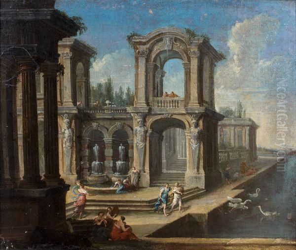 Caprices Architecturaux : Femmes
 Se Reposant Au Bord D'un Bassin Devant Un Palais Classique Oil Painting by Stefano Orlandi