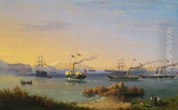The Arrival Of Queen Victoria 
And Prince Albert On The Royal Yacht In 1854 For The Official Opening Of
 The New Harbour At Alderney Oil Painting by Philip John Ouless