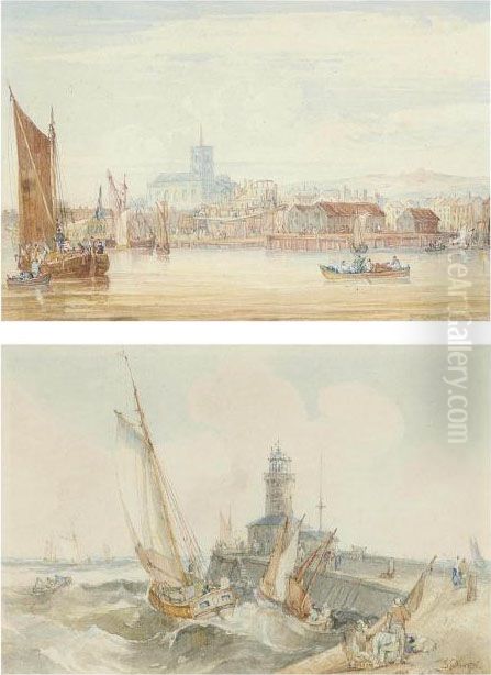 Bustling Activity On The Thames, A Boatyard With A Ship On The Stocks Beyond Oil Painting by Samuel Owen