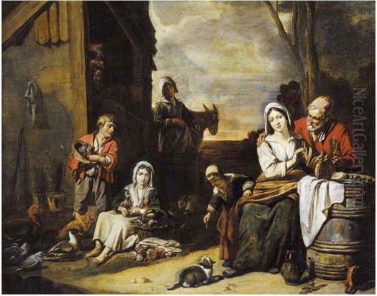A peasant family in a yard Oil Painting by Abraham Willemsens