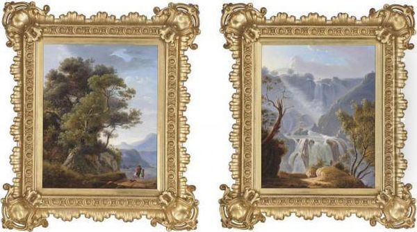 A Huntsman At A Mountainous 
Torrent (possibly Tivoli); And A Huntsman On A Riverside Track Oil Painting by Michelangelo Pacetti