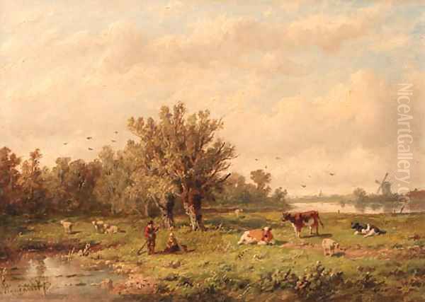 A landscape with a peasant couple and cattle Oil Painting by Anthonie Jacobus van Wyngaerdt