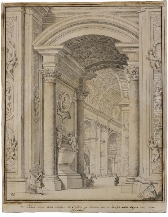 View Of The Interior Of St. 
Peter's Basilica, Rome, With The Tomb Of Queen Christina Of Sweden Oil Painting by Francesco Panini