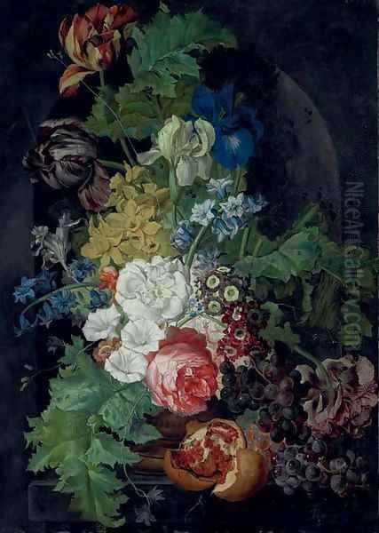 Tulips, irises, morning glories and other flowers in an urn, with grapes and a pomegranate, in a stone niche Oil Painting by Sebastian Wegmayr